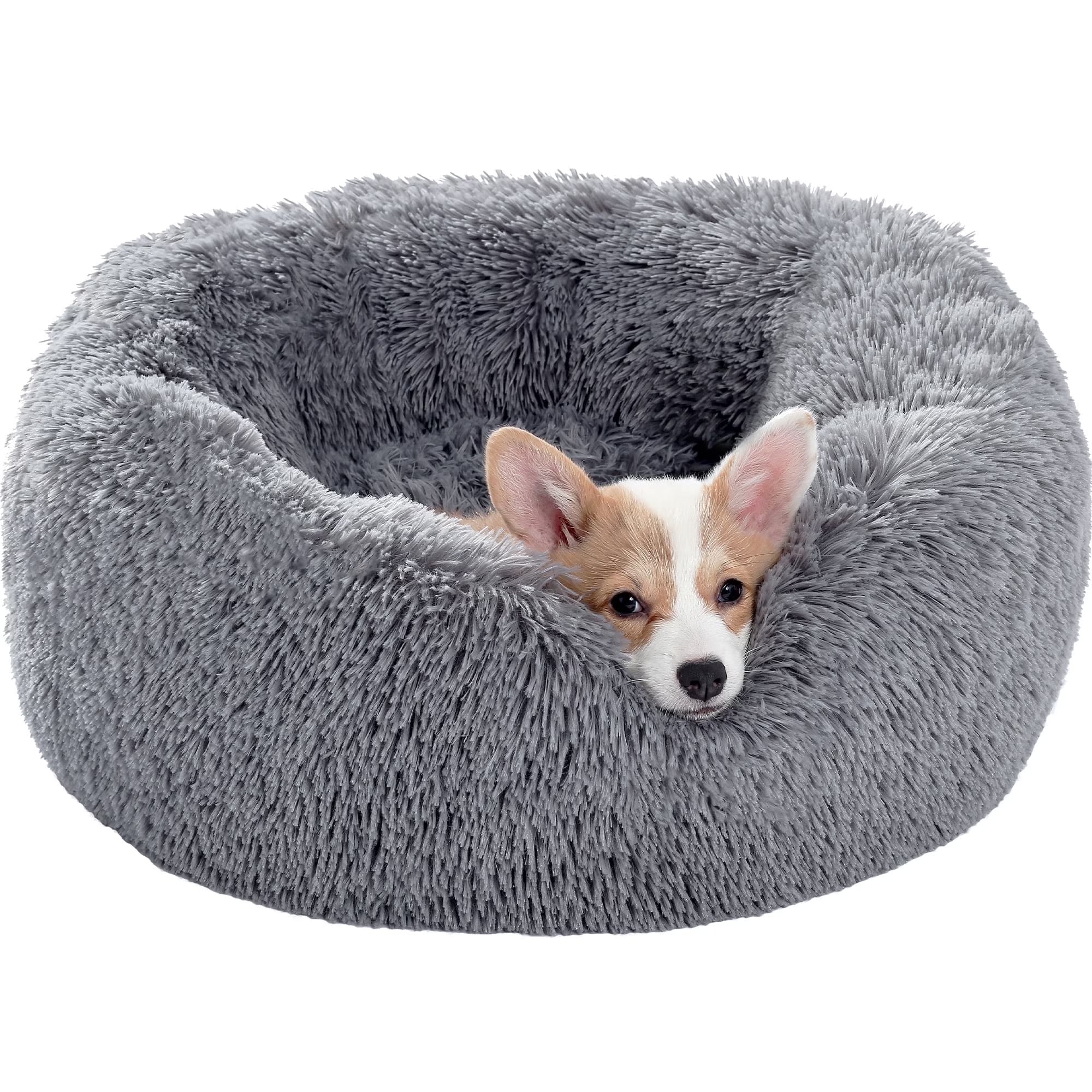 Calming Donut Dog Bed Anti-Anxiety Plush Pillow round Puppy Cat Bed 23" for Pets up to 25Lbs,Gray