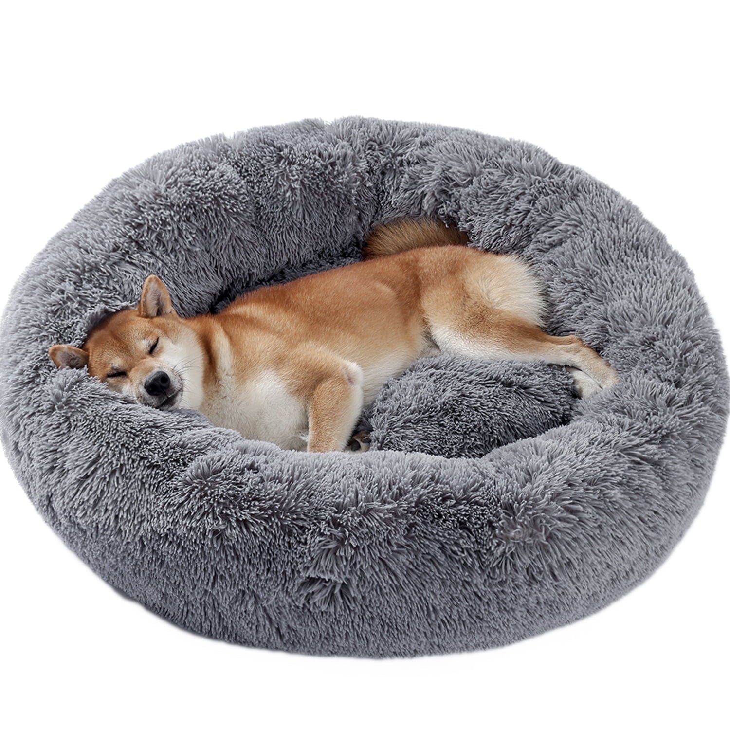 Calming Donut Dog Bed Anti-Anxiety Plush Pillow round Puppy Cat Bed 23" for Pets up to 25Lbs,Gray