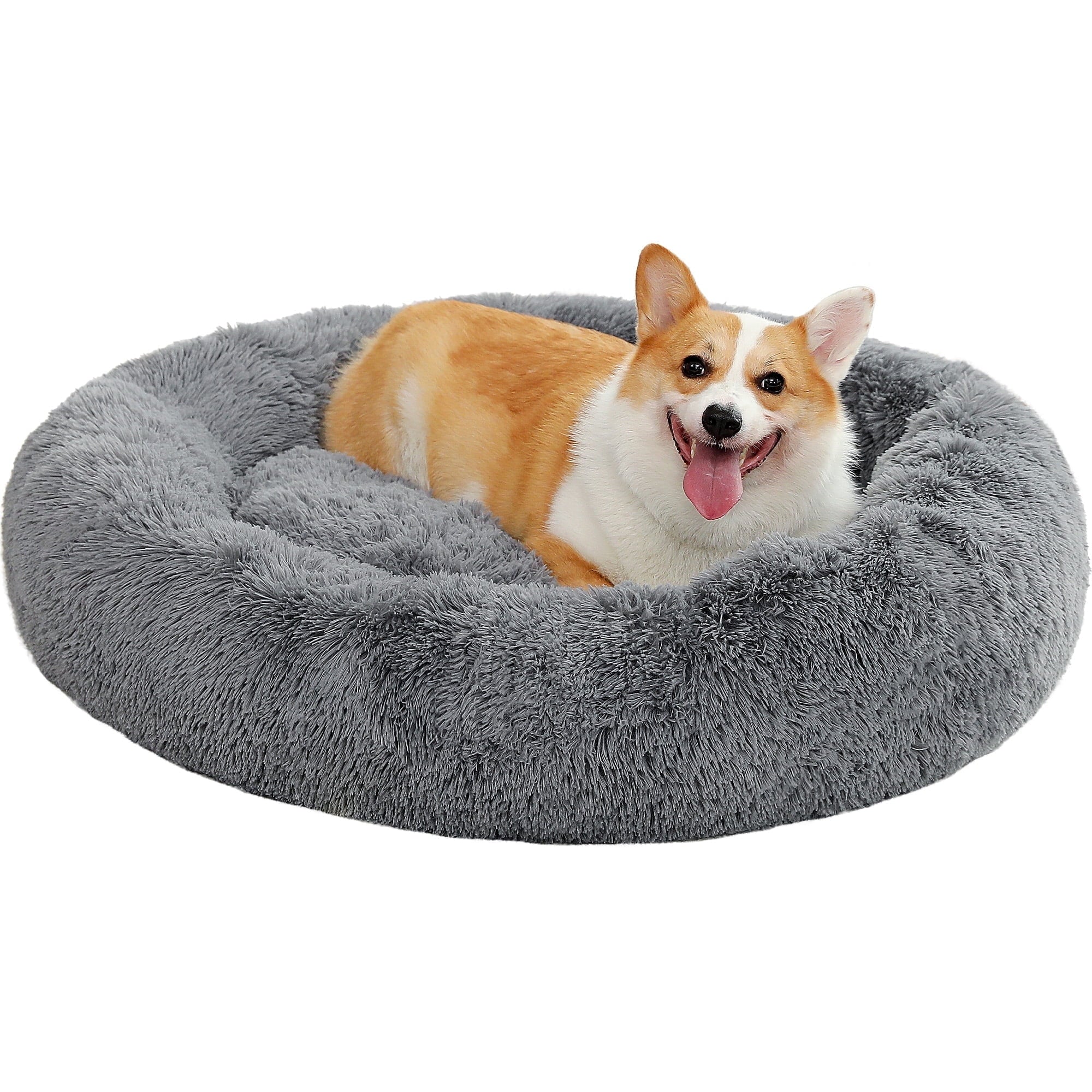 Calming Donut Dog Bed Anti-Anxiety Plush Pillow round Puppy Cat Bed 23" for Pets up to 25Lbs,Gray