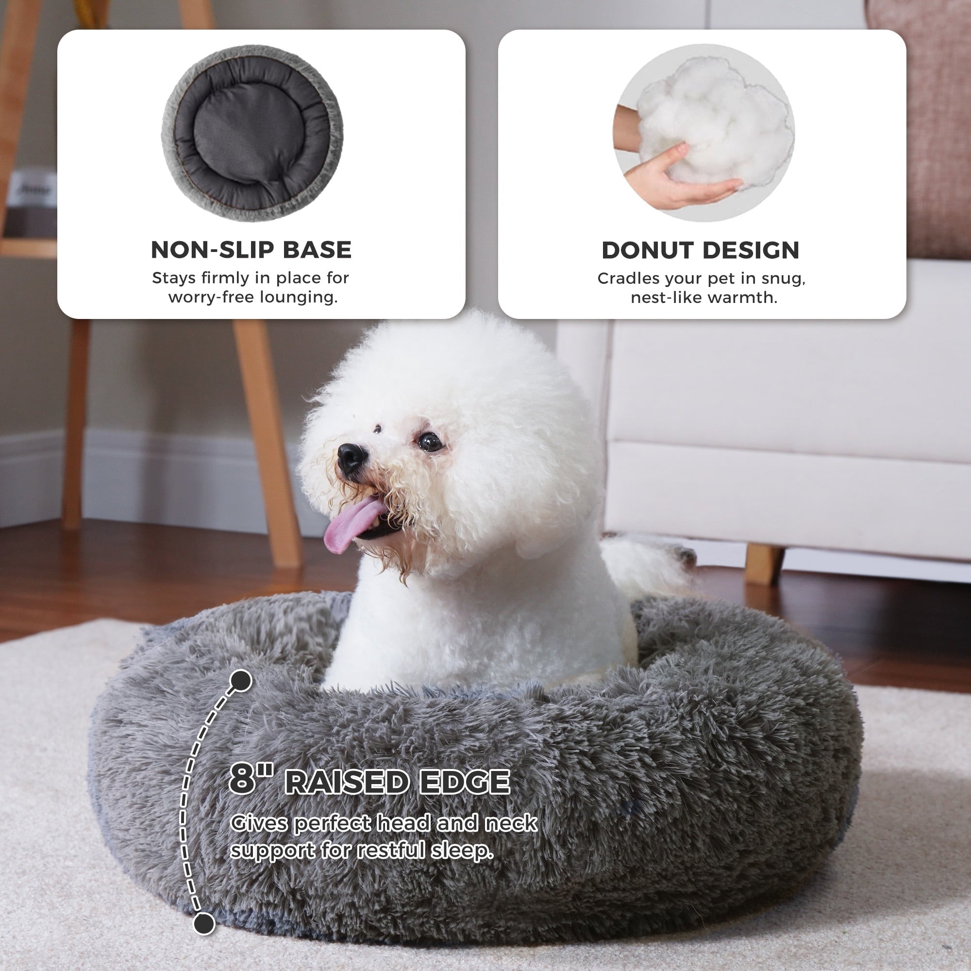 Calming Donut Dog Bed Anti-Anxiety Plush Pillow round Puppy Cat Bed 23" for Pets up to 25Lbs,Gray