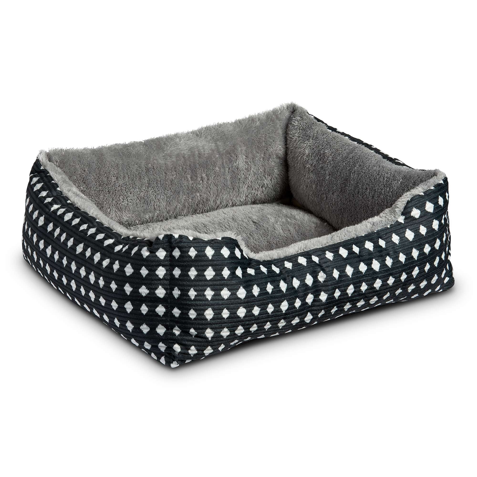 Dog & Cat Bed, Plush Cuddler, Portable, Black & White Diamonds, 19" × 15"