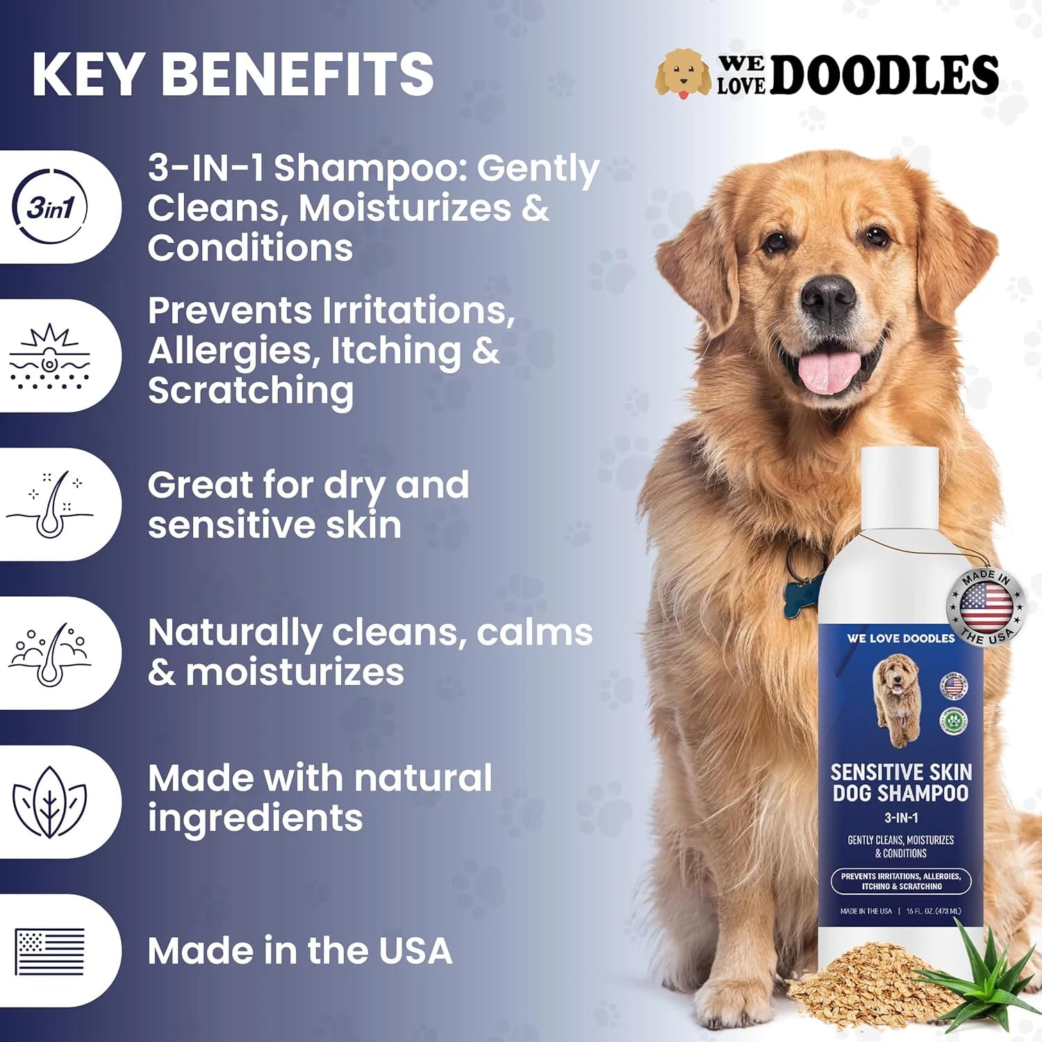 Premium 3-In-1 Sensitive Skin Dog Shampoo, Great for Allergies, Itching, Scratching, Anti-Itch with Oatmeal & Aloe, Made in USA, Itchy Coat Relief, Clean Ingredients, 16 Oz []