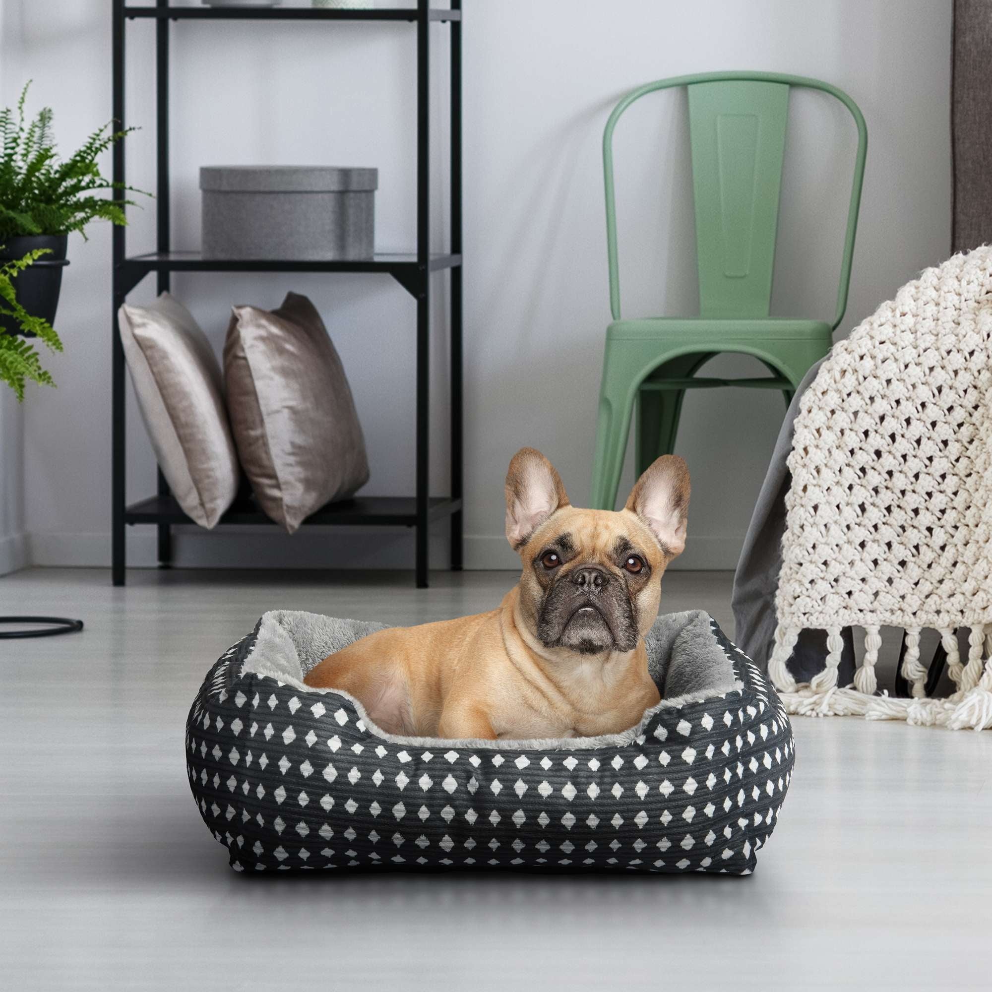Dog & Cat Bed, Plush Cuddler, Portable, Black & White Diamonds, 19" × 15"