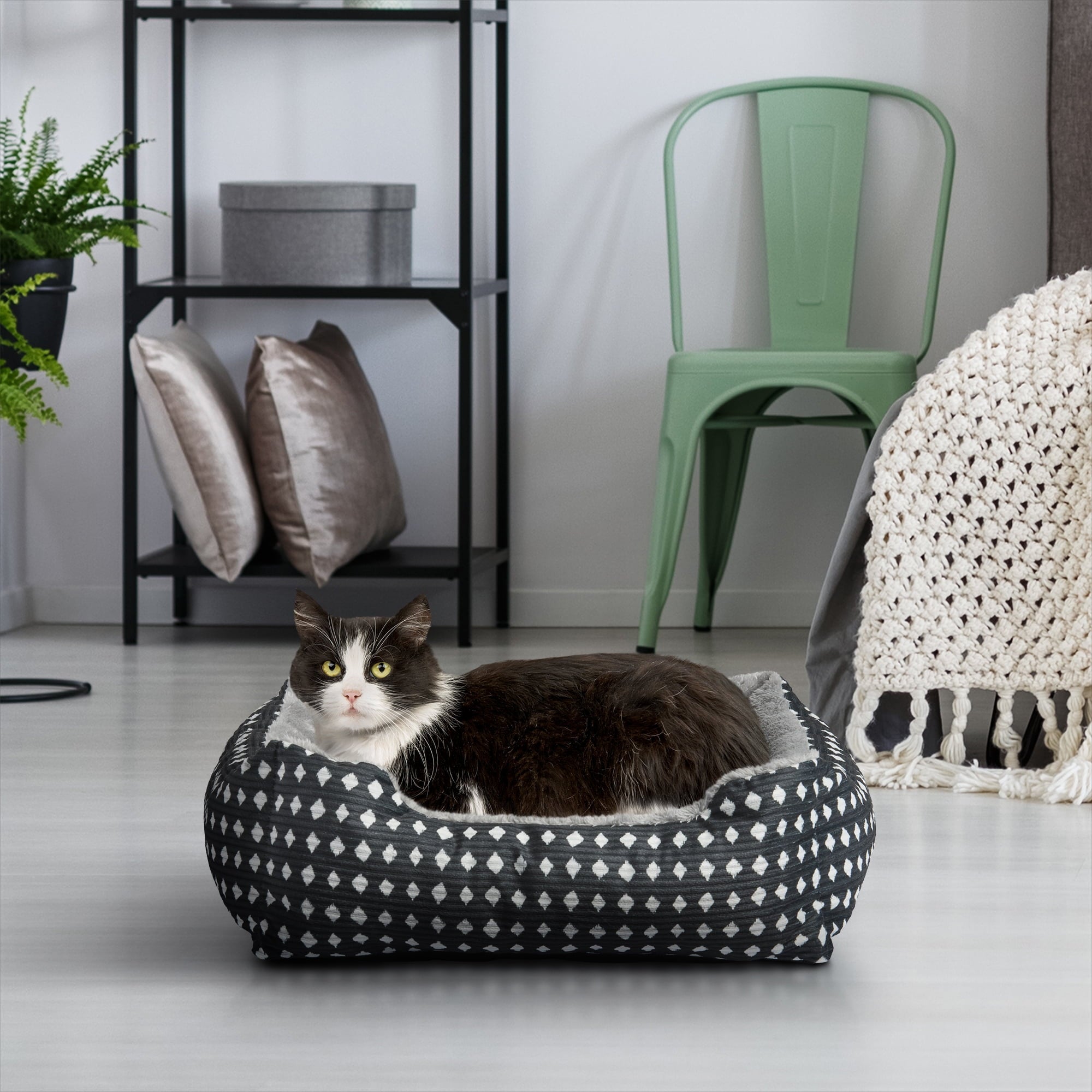 Dog & Cat Bed, Plush Cuddler, Portable, Black & White Diamonds, 19" × 15"